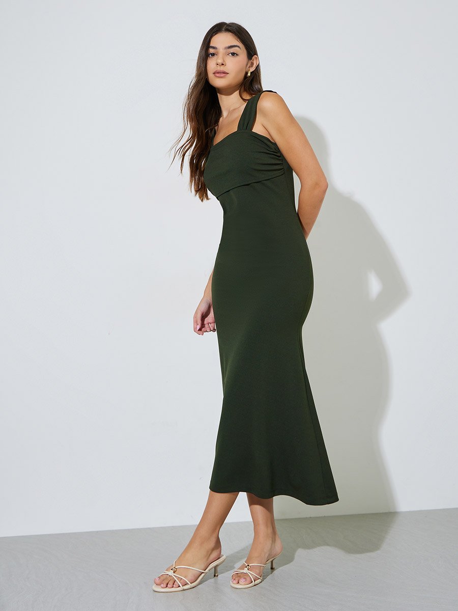 Olive Green Solid Sleeveless Mermaid Maxi Dress