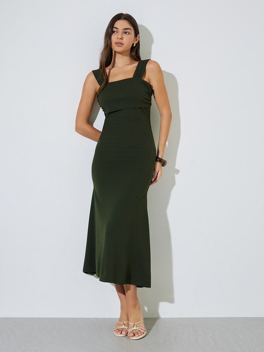 Olive Green Solid Sleeveless Mermaid Maxi Dress
