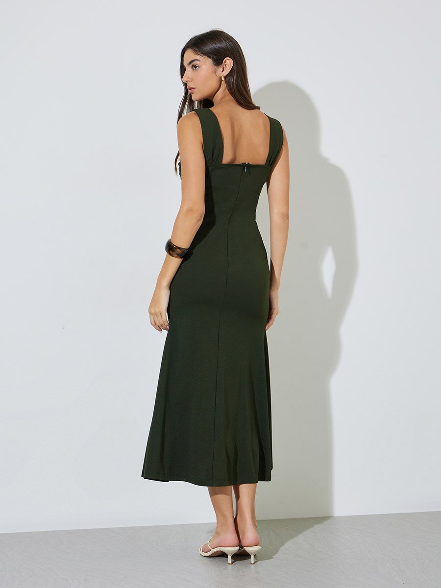 Olive Green Solid Sleeveless Mermaid Maxi Dress