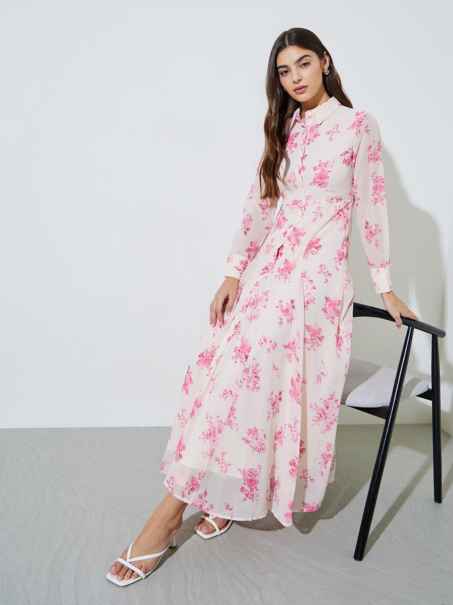 Off-White Floral Print Long Sleeves Shirt Maxi Dress