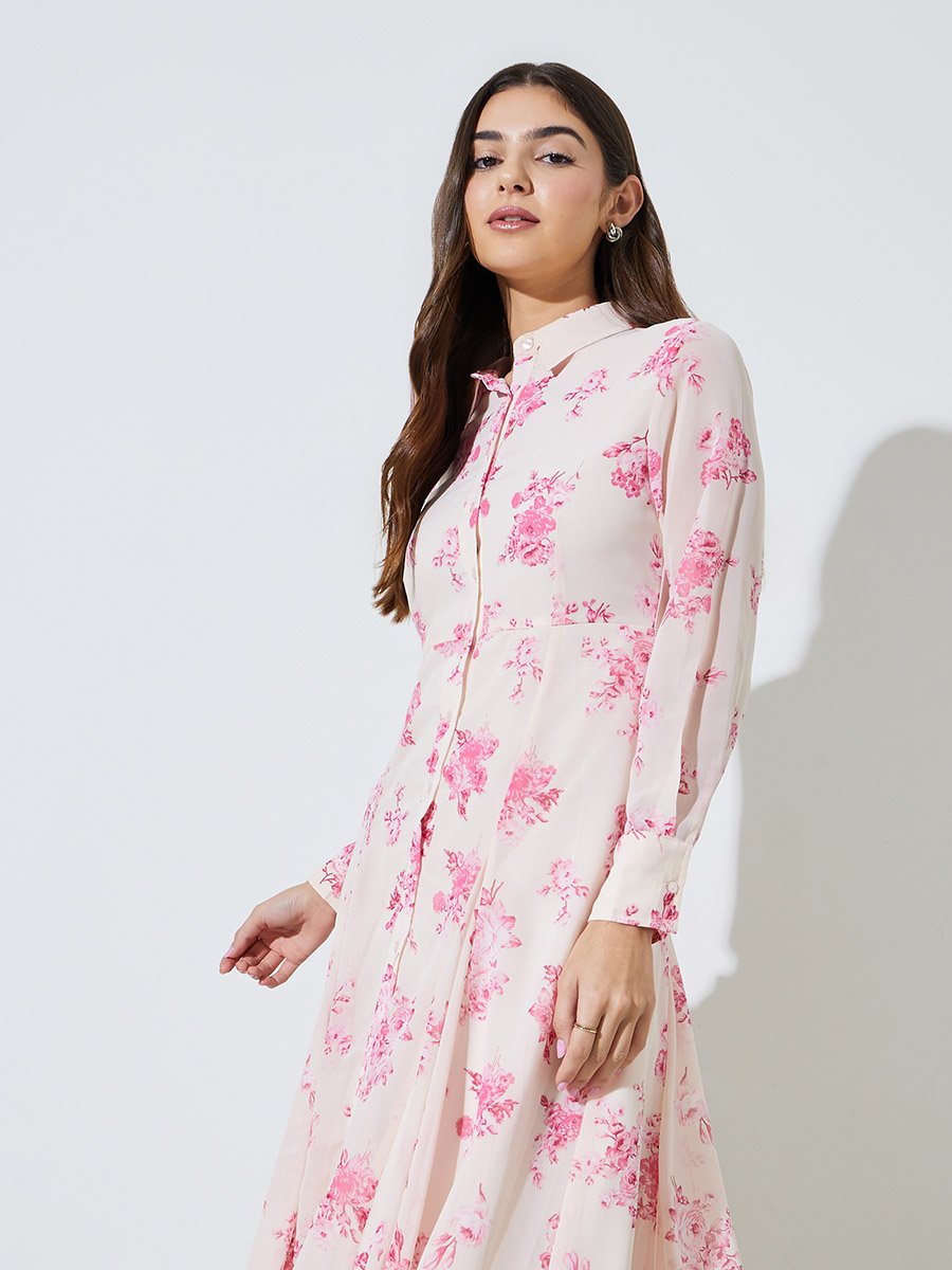 Off-White Floral Print Long Sleeves Shirt Maxi Dress