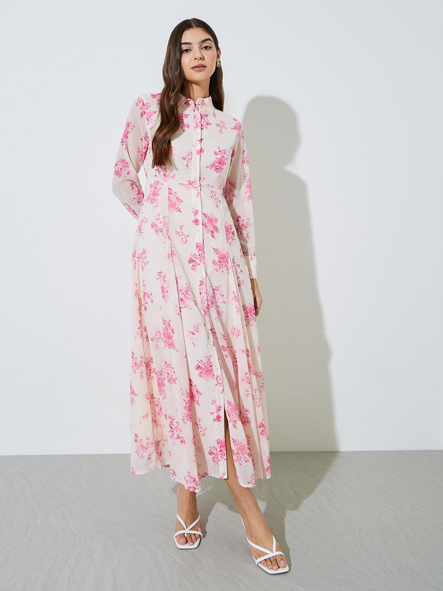 Off-White Floral Print Long Sleeves Shirt Maxi Dress