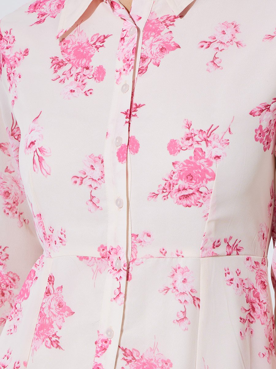 Off-White Floral Print Long Sleeves Shirt Maxi Dress