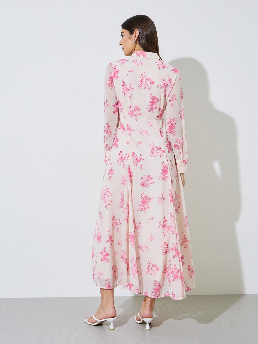 Off-White Floral Print Long Sleeves Shirt Maxi Dress