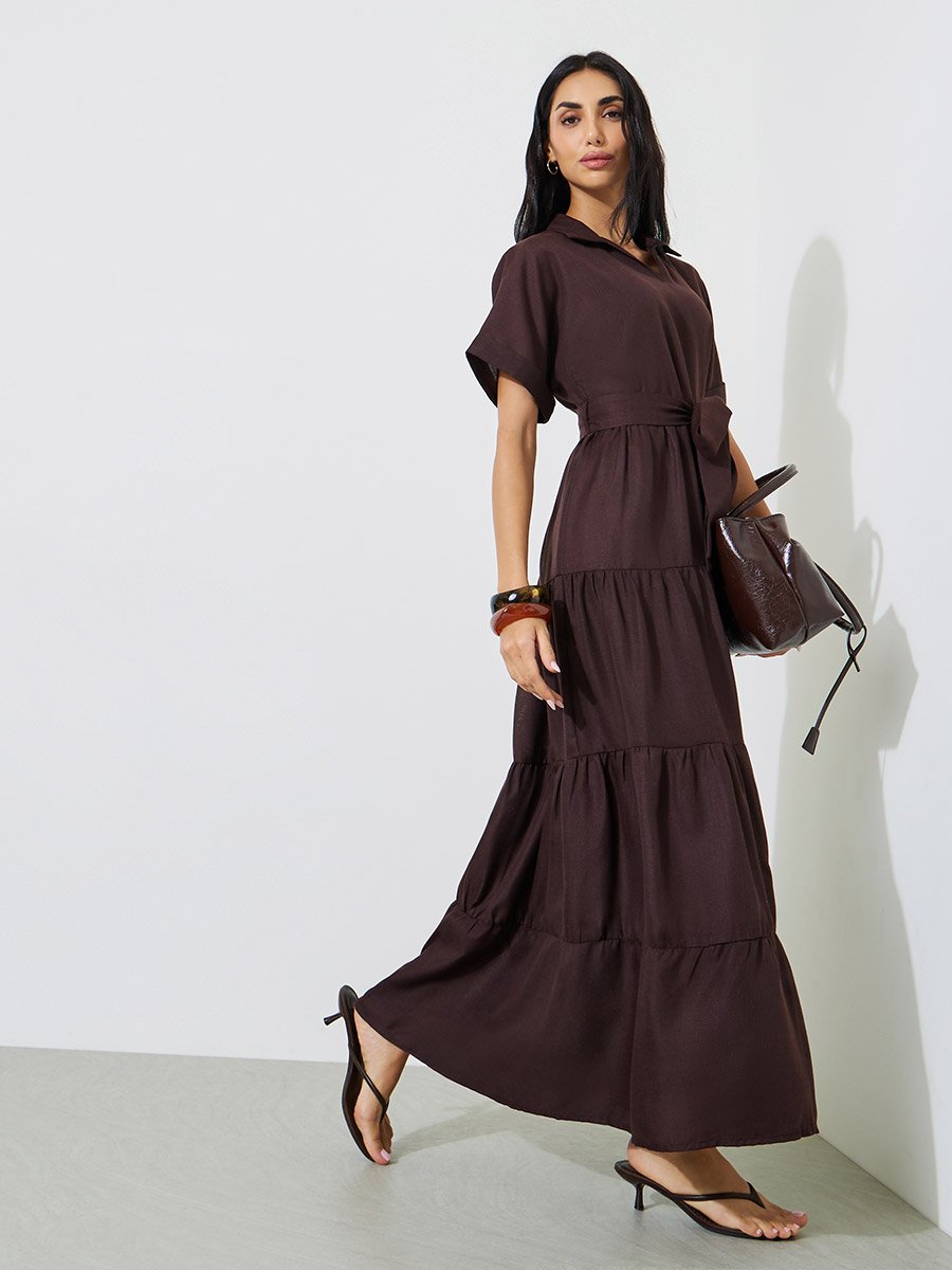 Brown Tie-Up Detail Tiered Maxi Dress