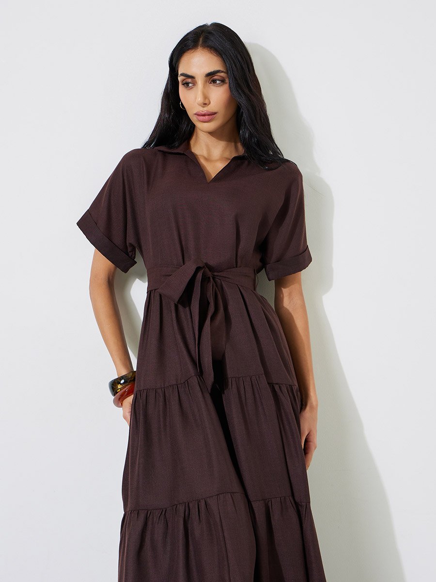 Brown Tie-Up Detail Tiered Maxi Dress