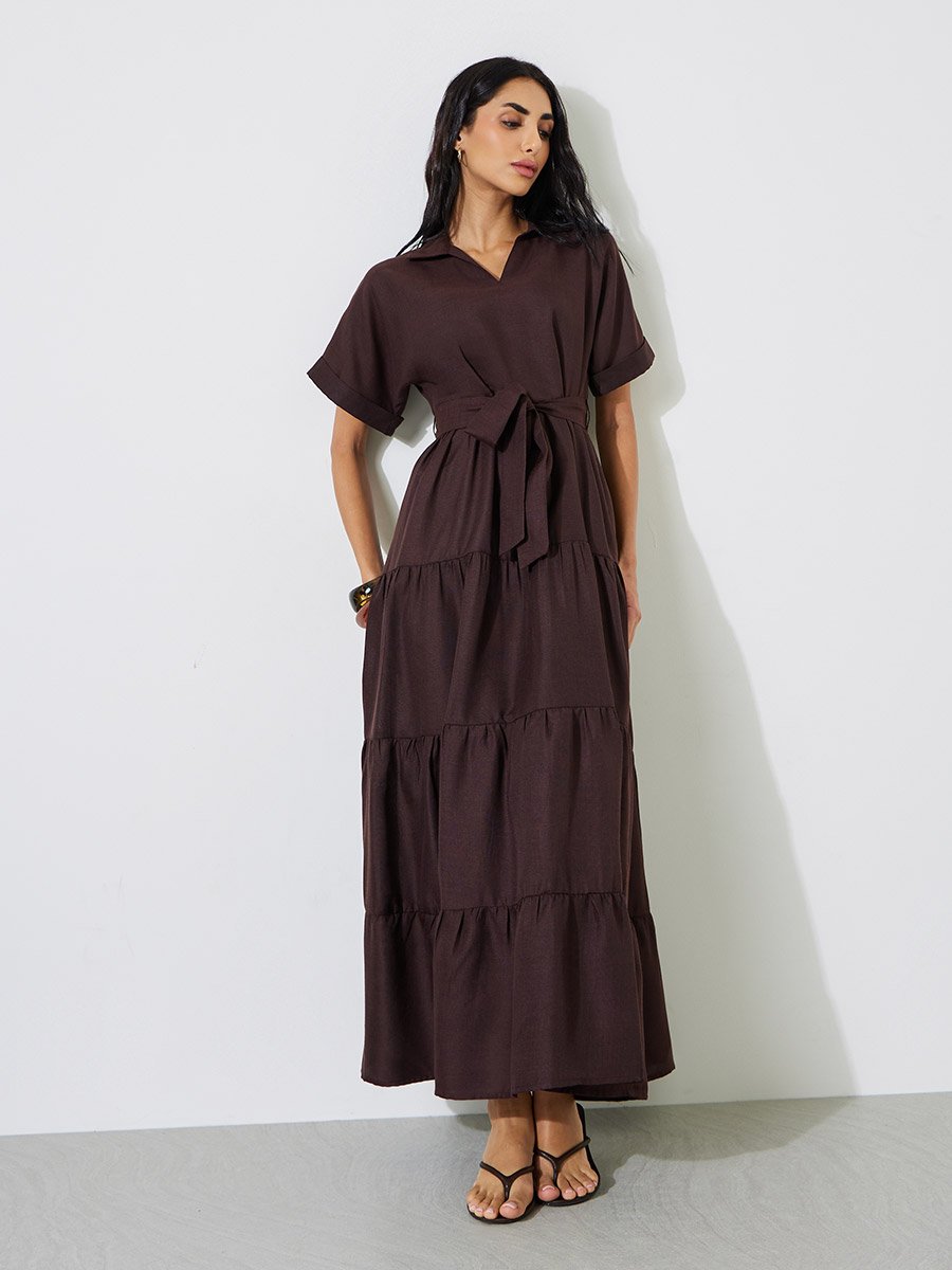 Brown Tie-Up Detail Tiered Maxi Dress