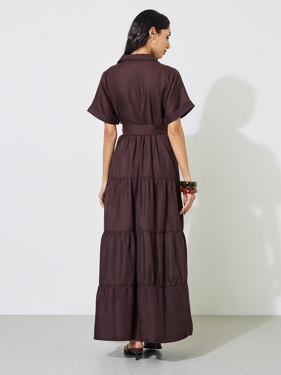 Brown Tie-Up Detail Tiered Maxi Dress