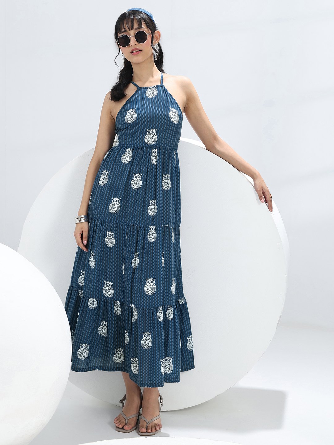Blue Printed Cotton Blend Maxi Dress