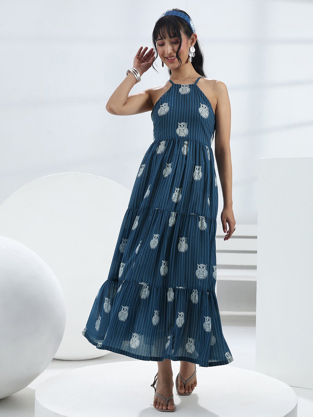 Blue Printed Cotton Blend Maxi Dress