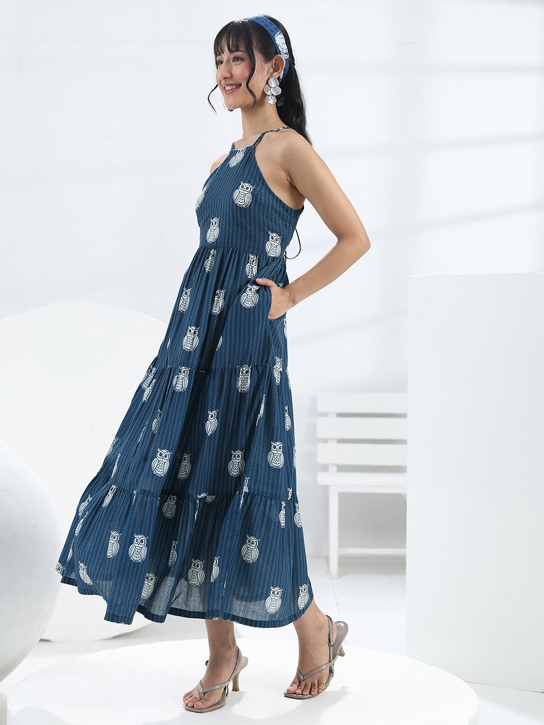 Blue Printed Cotton Blend Maxi Dress