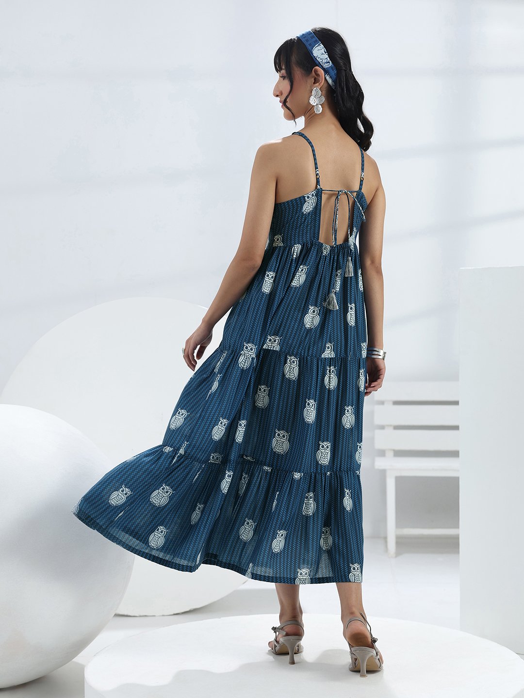 Blue Printed Cotton Blend Maxi Dress