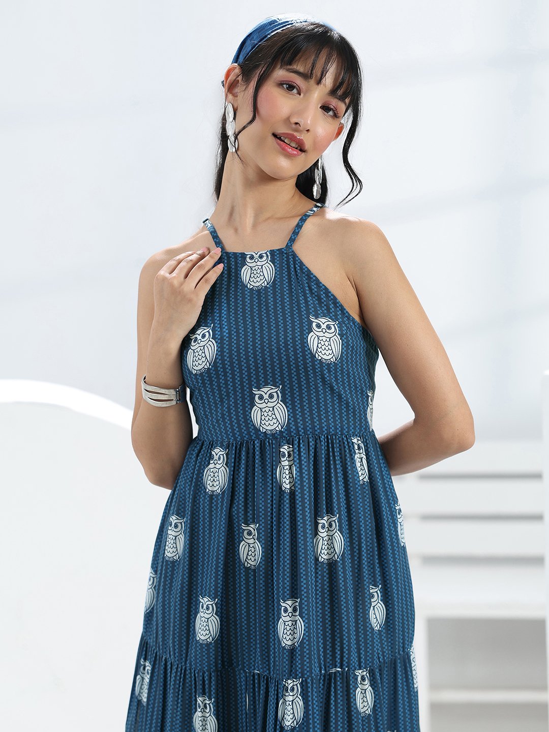 Blue Printed Cotton Blend Maxi Dress