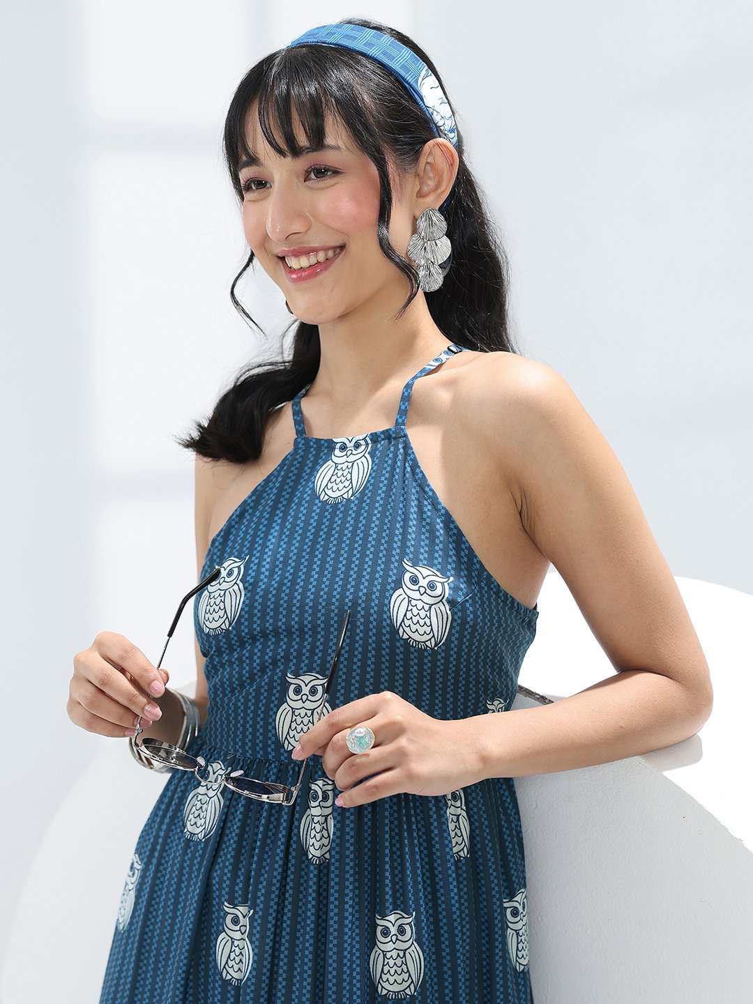 Blue Printed Cotton Blend Maxi Dress