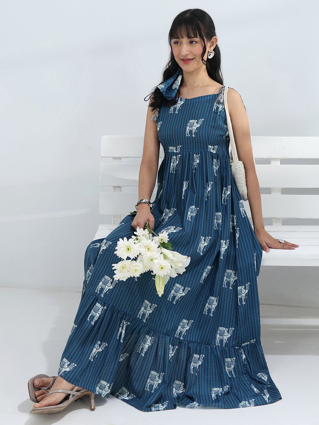 Blue Printed Cotton Blend Maxi Dress