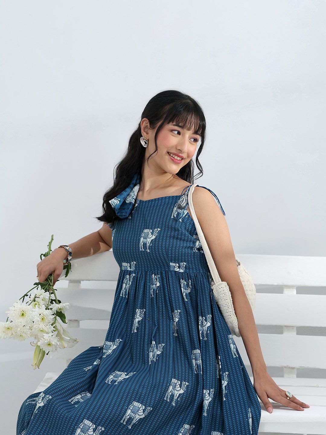 Blue Printed Cotton Blend Maxi Dress