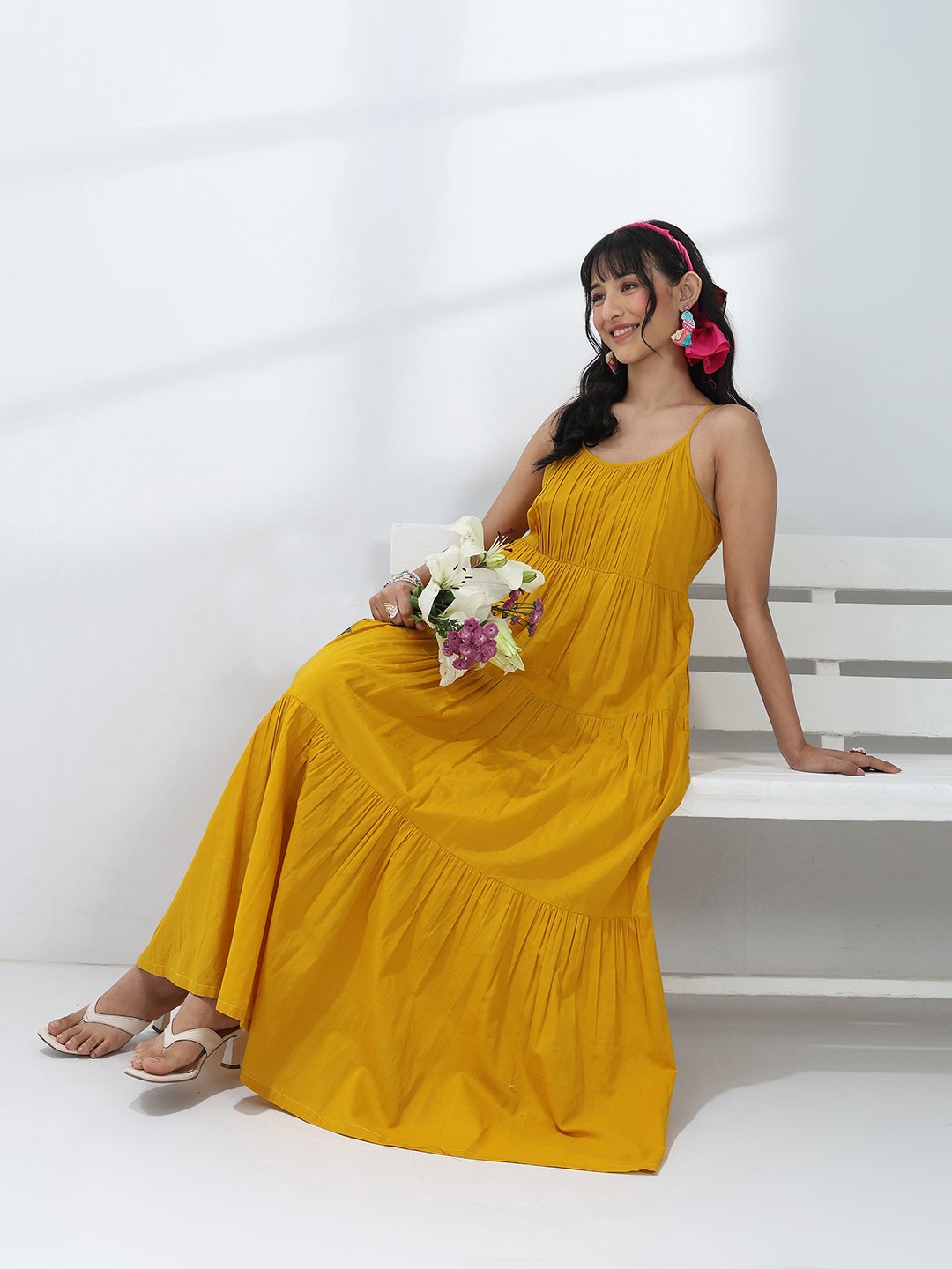 Yellow Solid Cotton Strappy Maxi Dress