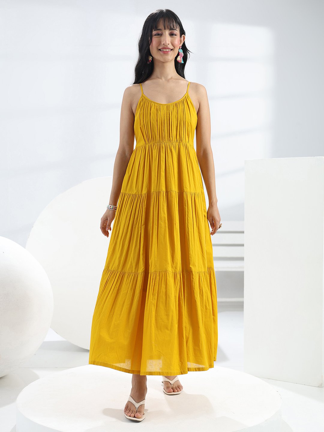 Yellow Solid Cotton Strappy Maxi Dress