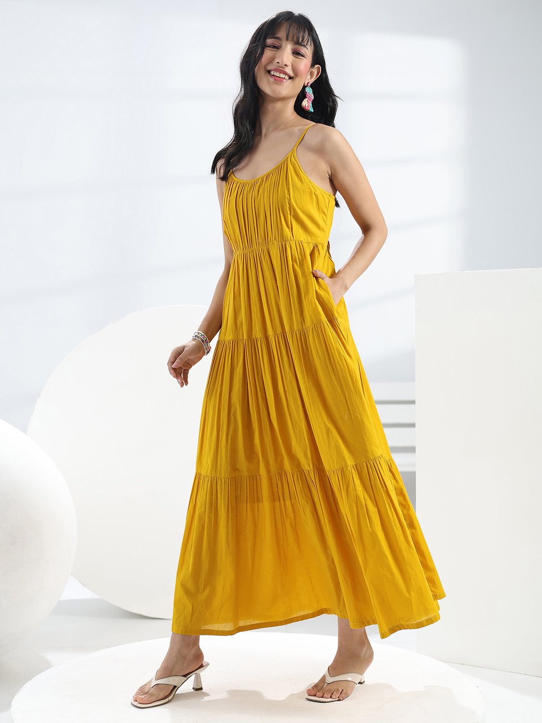 Yellow Solid Cotton Strappy Maxi Dress