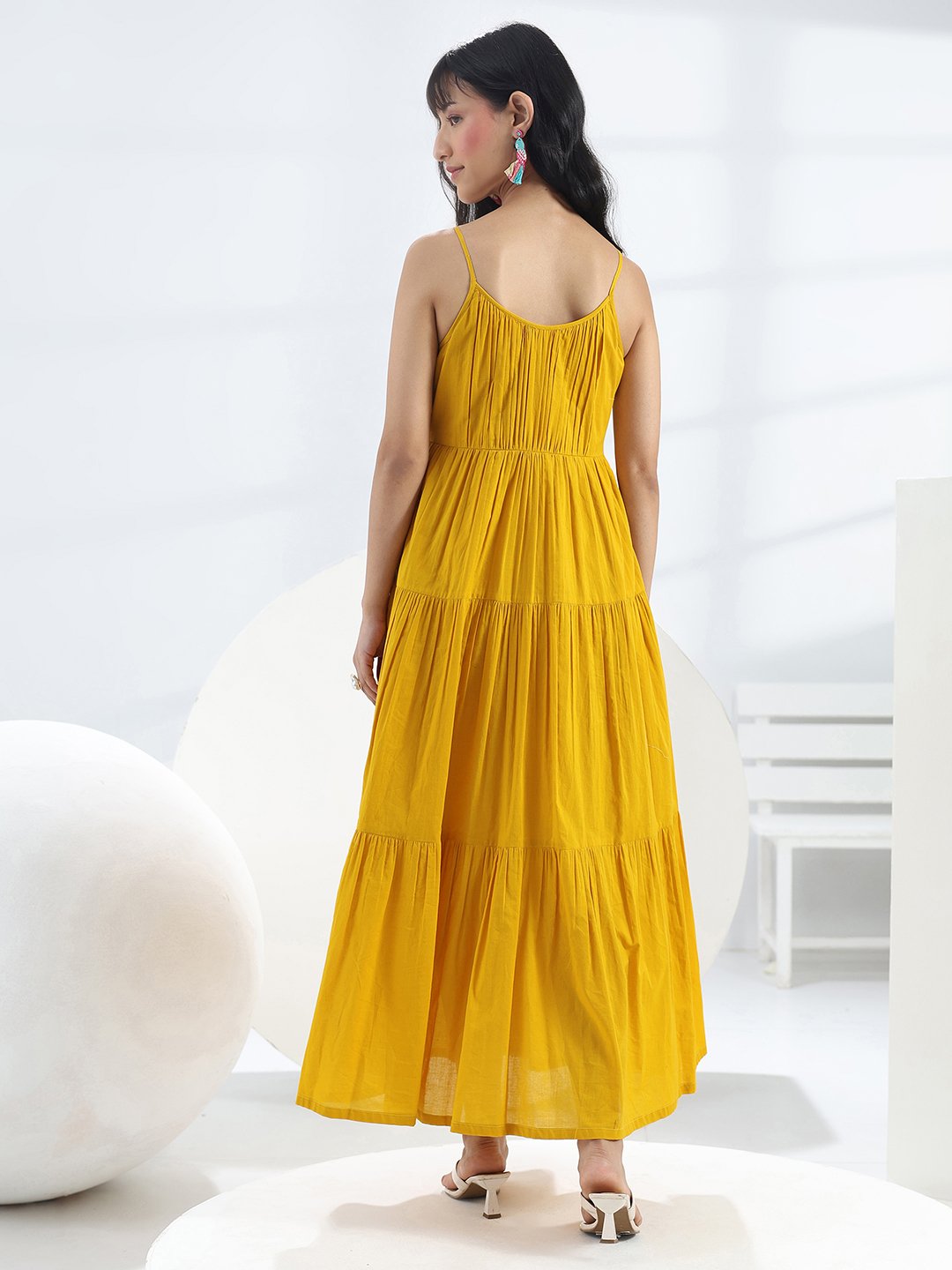 Yellow Solid Cotton Strappy Maxi Dress