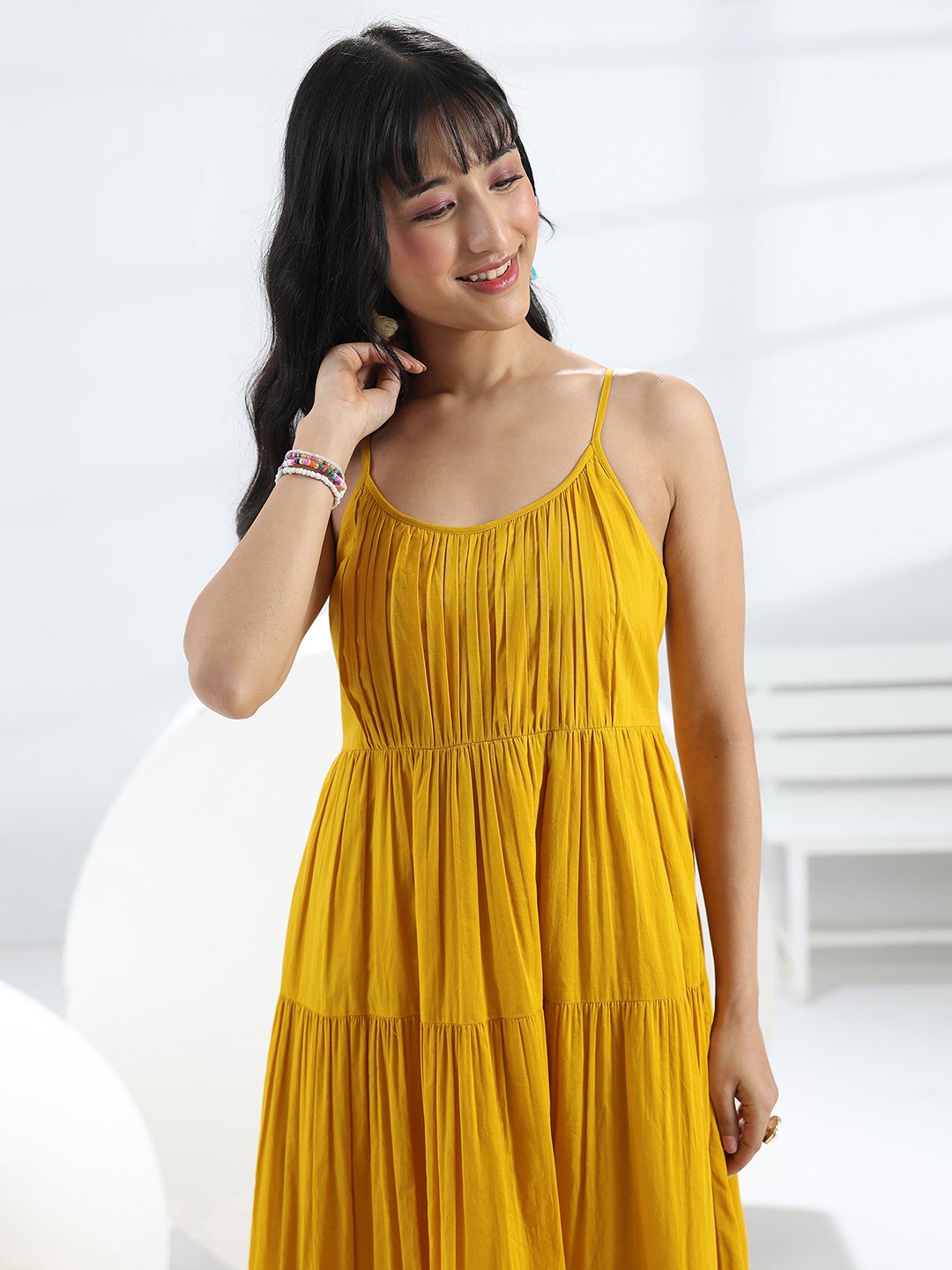 Yellow Solid Cotton Strappy Maxi Dress