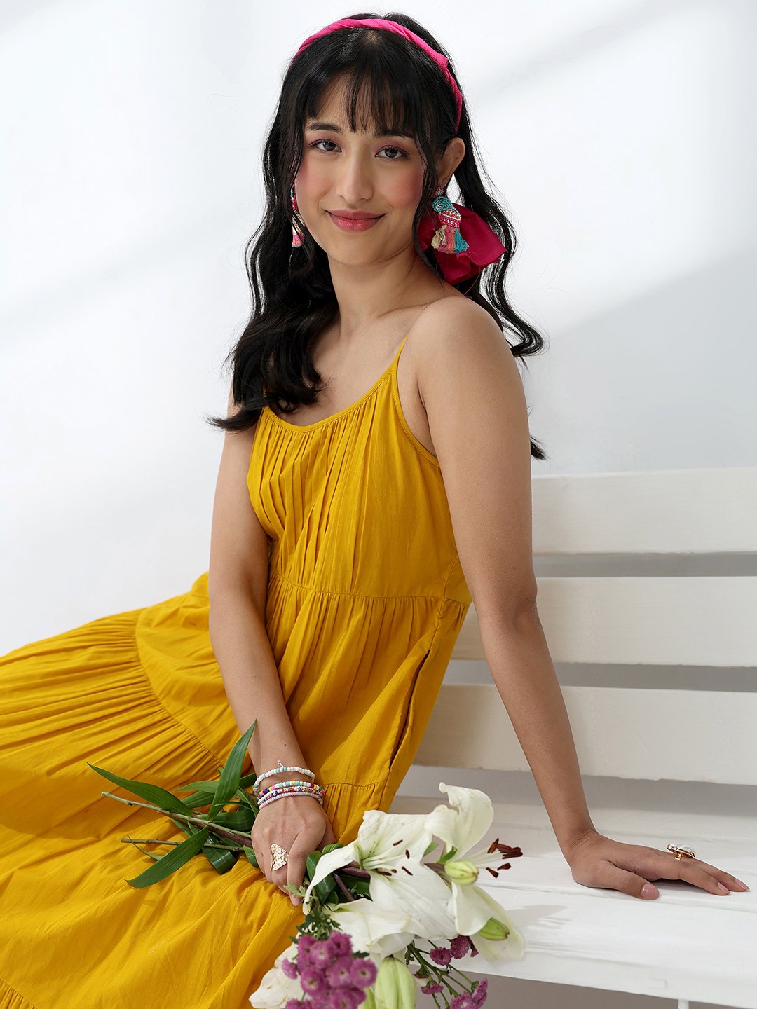 Yellow Solid Cotton Strappy Maxi Dress