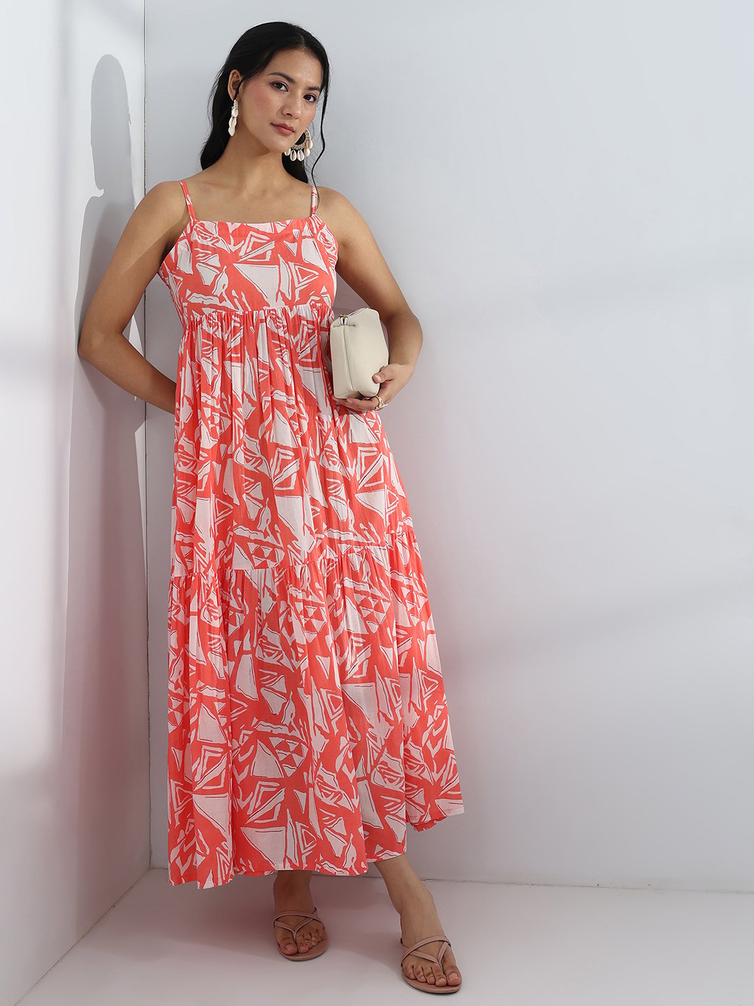 Peach Printed Cotton Strappy Maxi Dress