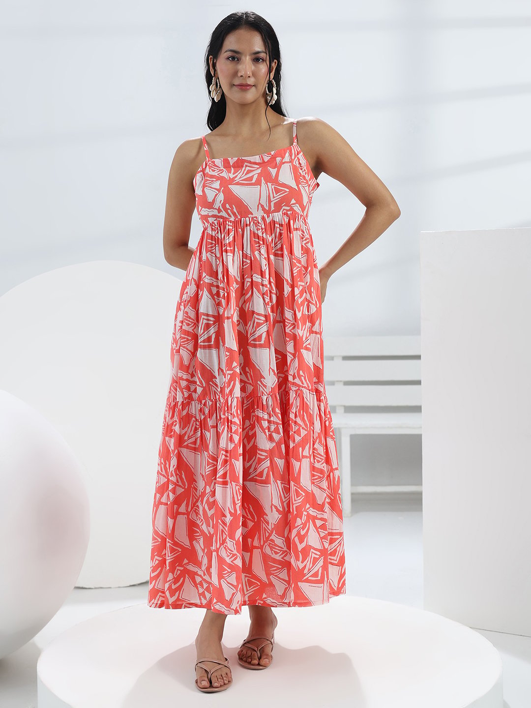 Peach Printed Cotton Strappy Maxi Dress