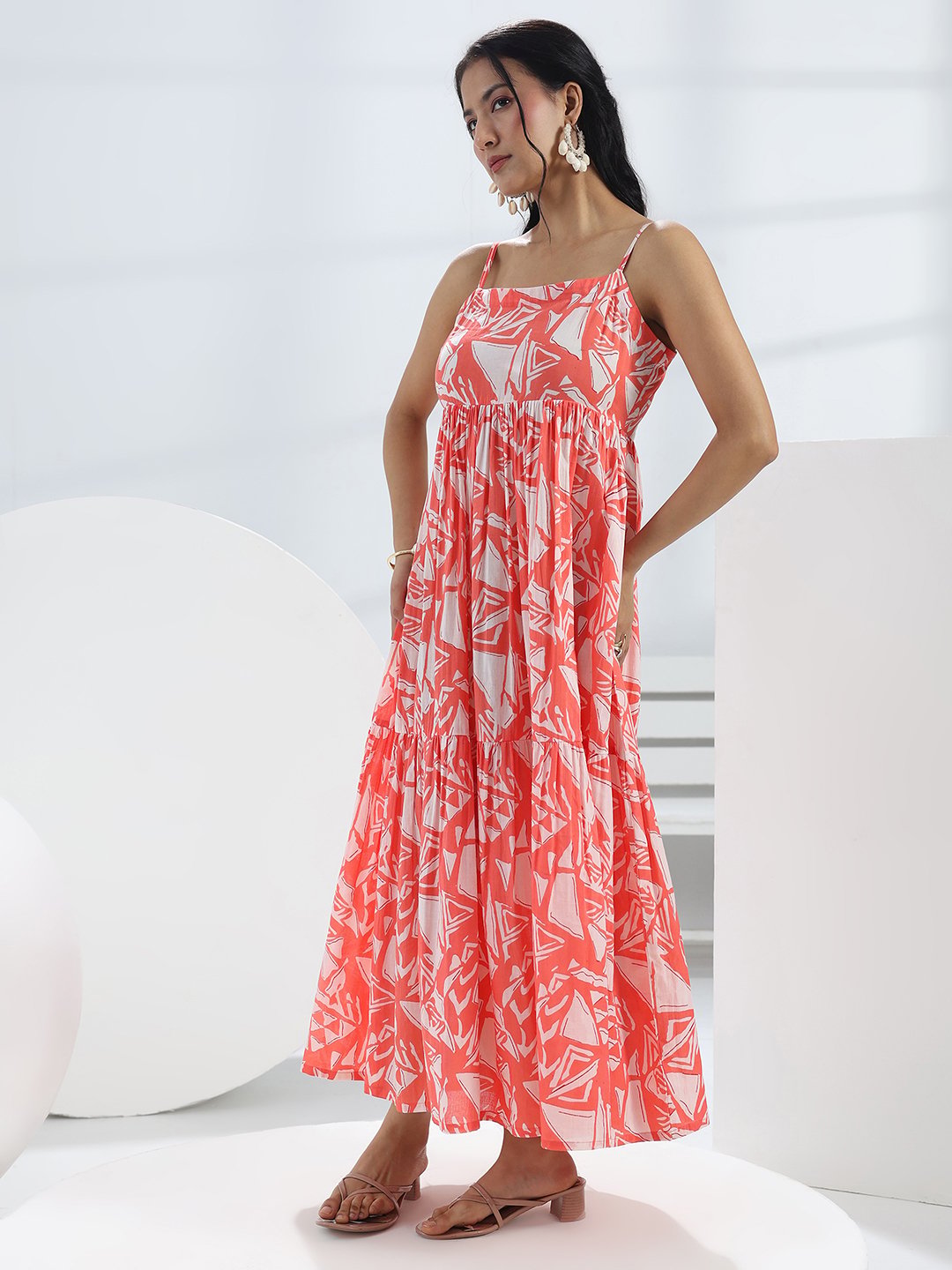 Peach Printed Cotton Strappy Maxi Dress