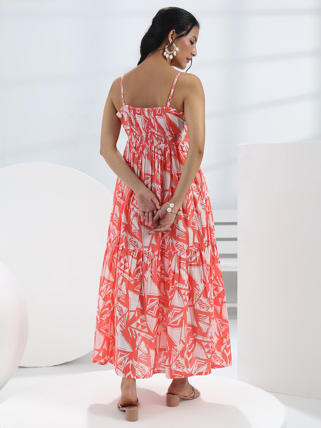 Peach Printed Cotton Strappy Maxi Dress