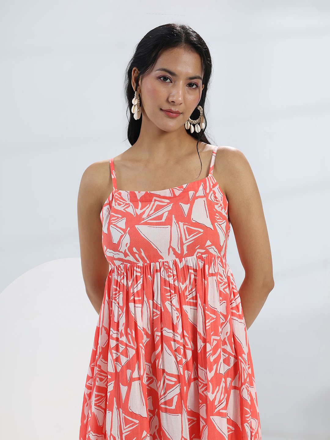 Peach Printed Cotton Strappy Maxi Dress