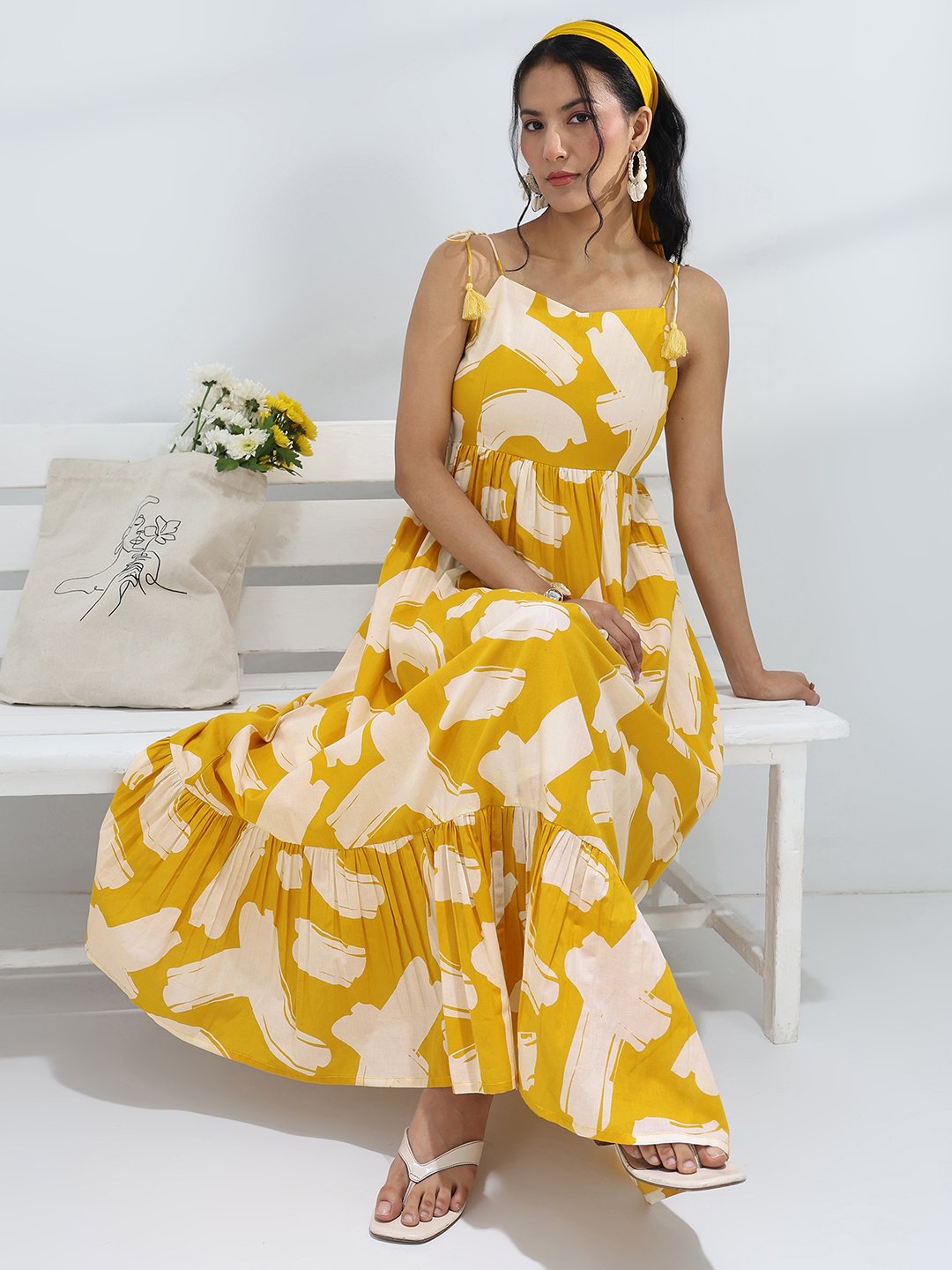 Yellow Printed Cotton Maxi Dress