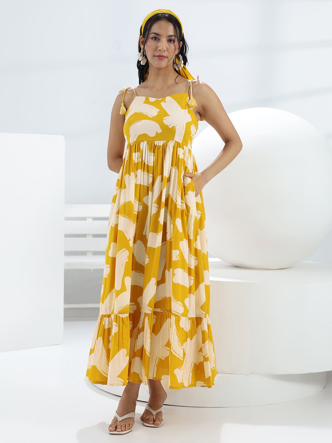 Yellow Printed Cotton Maxi Dress