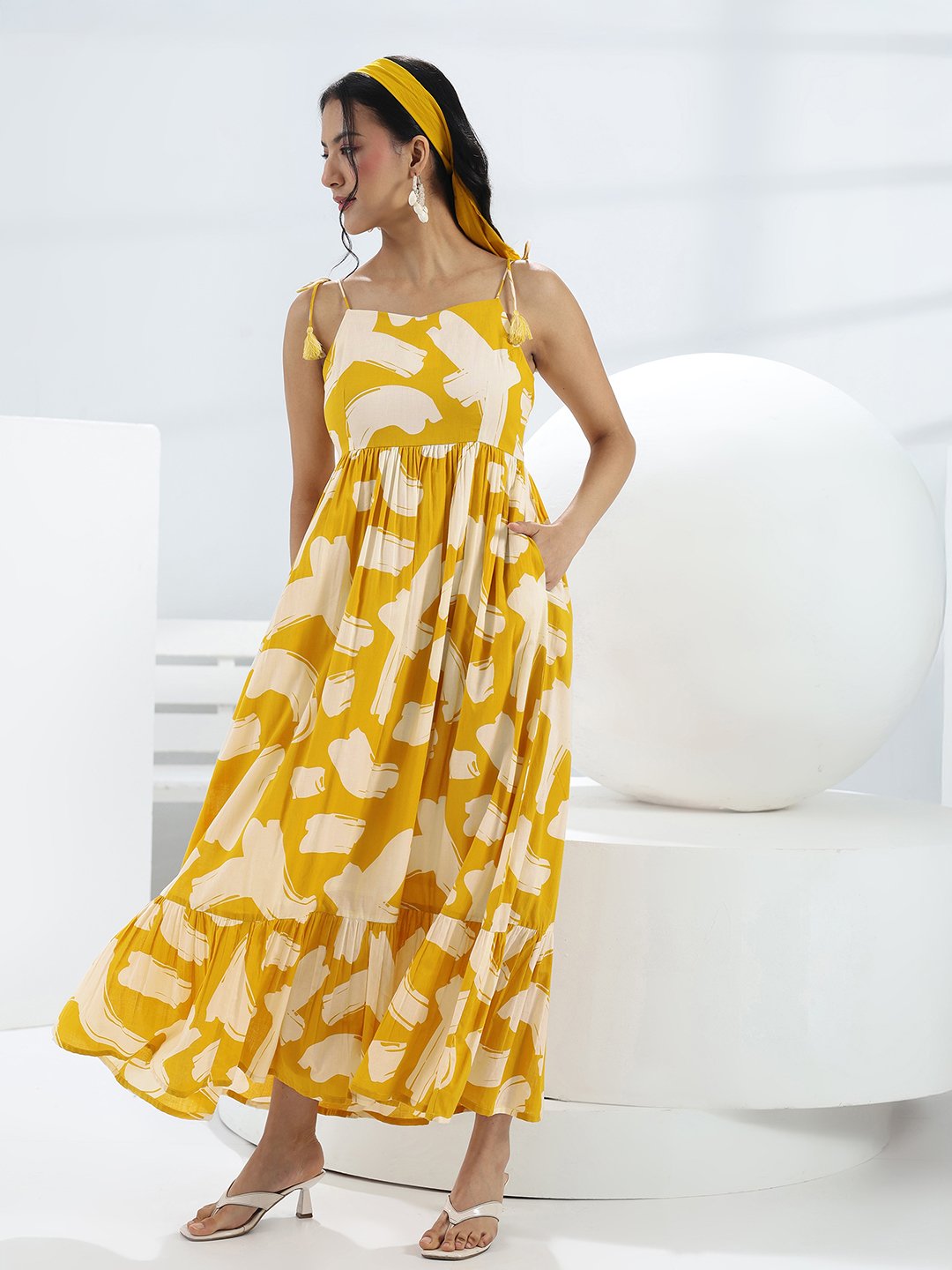 Yellow Printed Cotton Maxi Dress