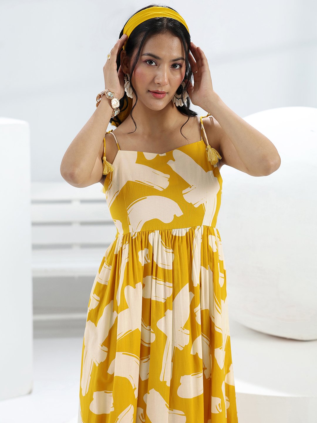 Yellow Printed Cotton Maxi Dress