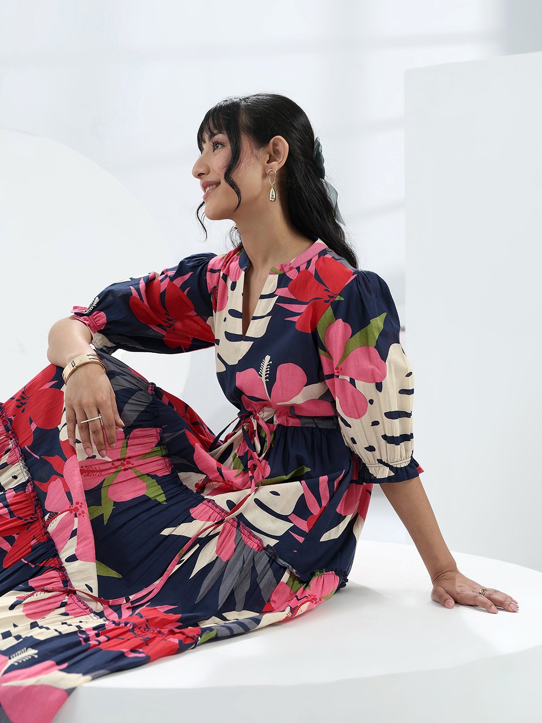 Navy Blue Floral Printed Cotton Maxi Dress