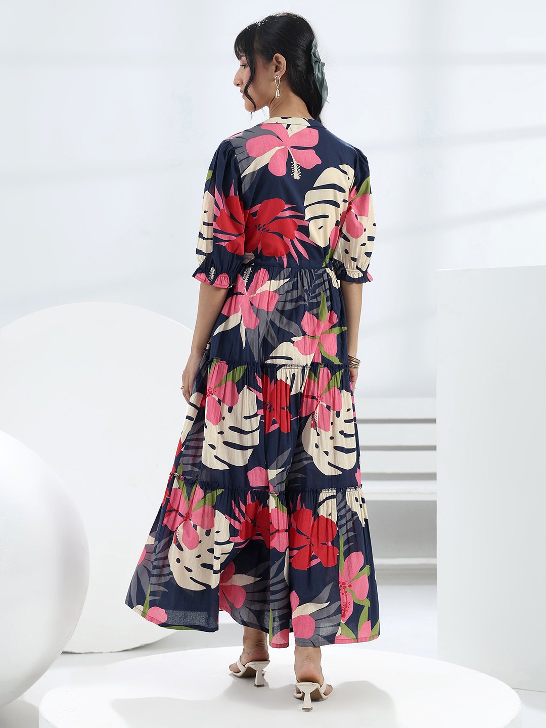 Navy Blue Floral Printed Cotton Maxi Dress
