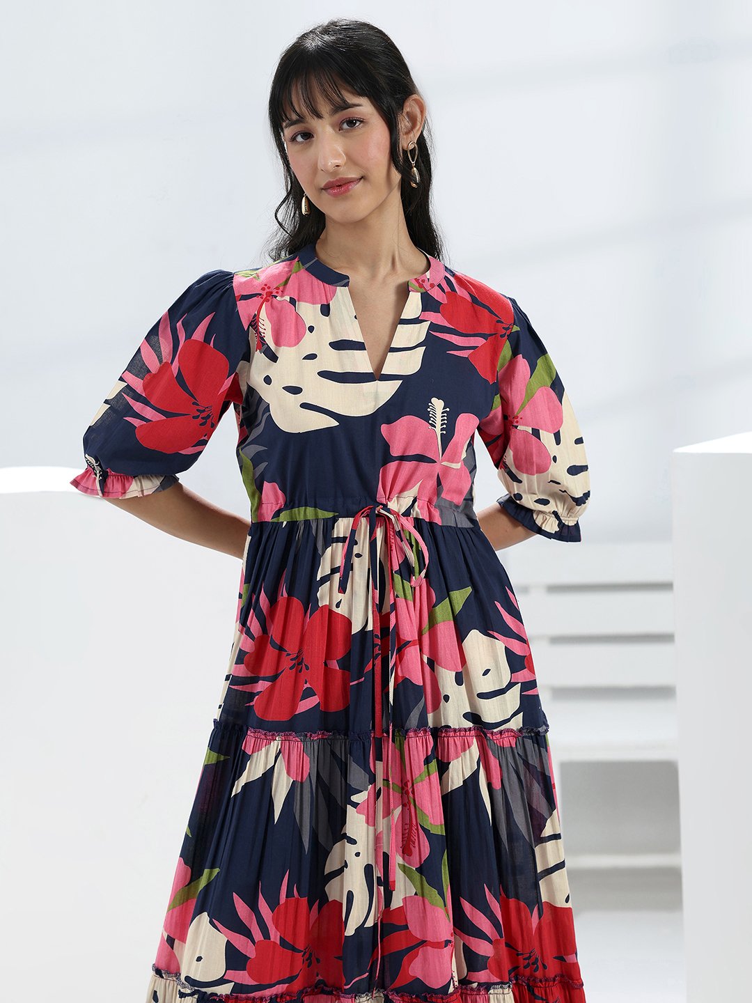 Navy Blue Floral Printed Cotton Maxi Dress