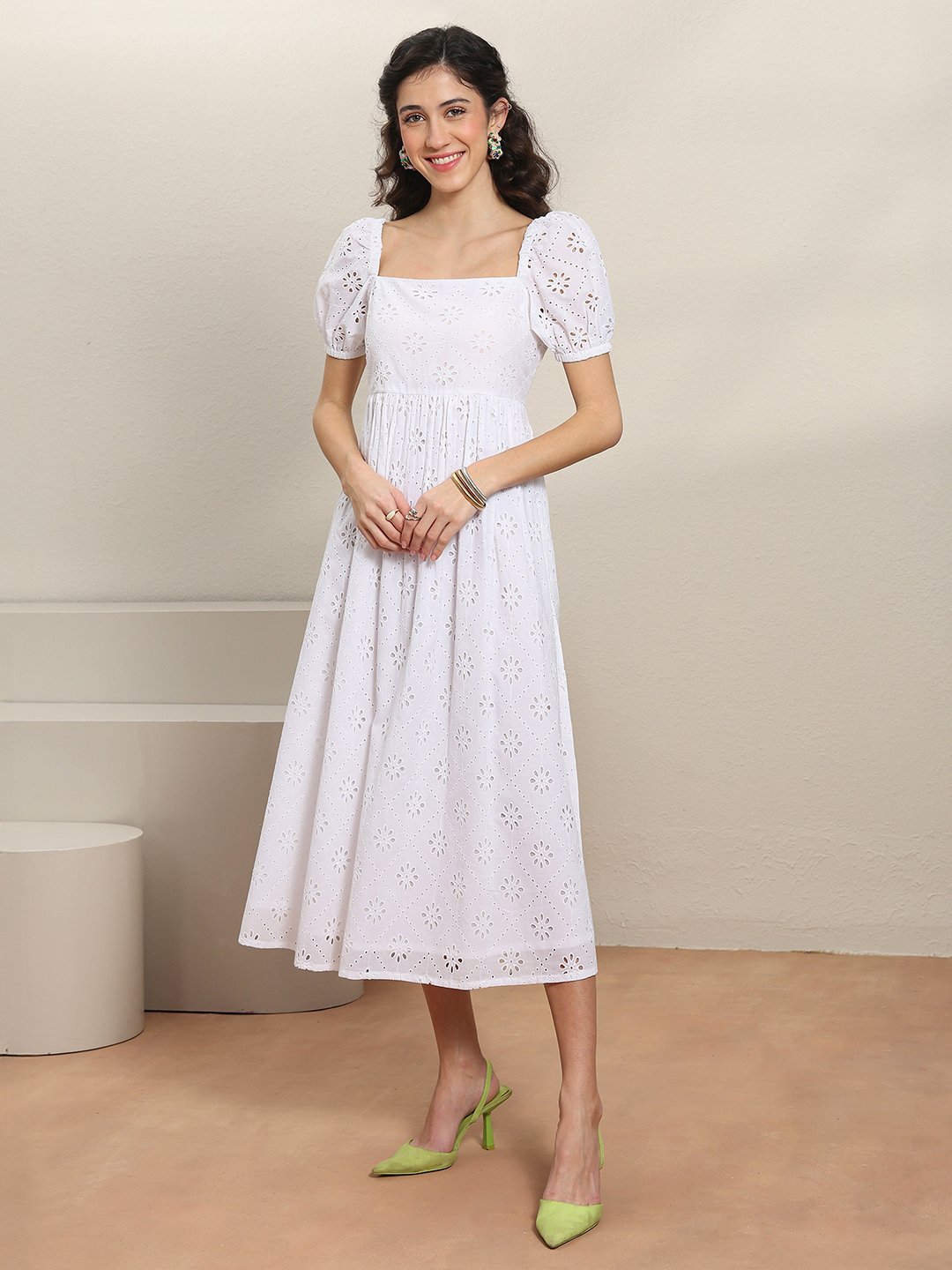 White Embroidered Cotton Midi Dress