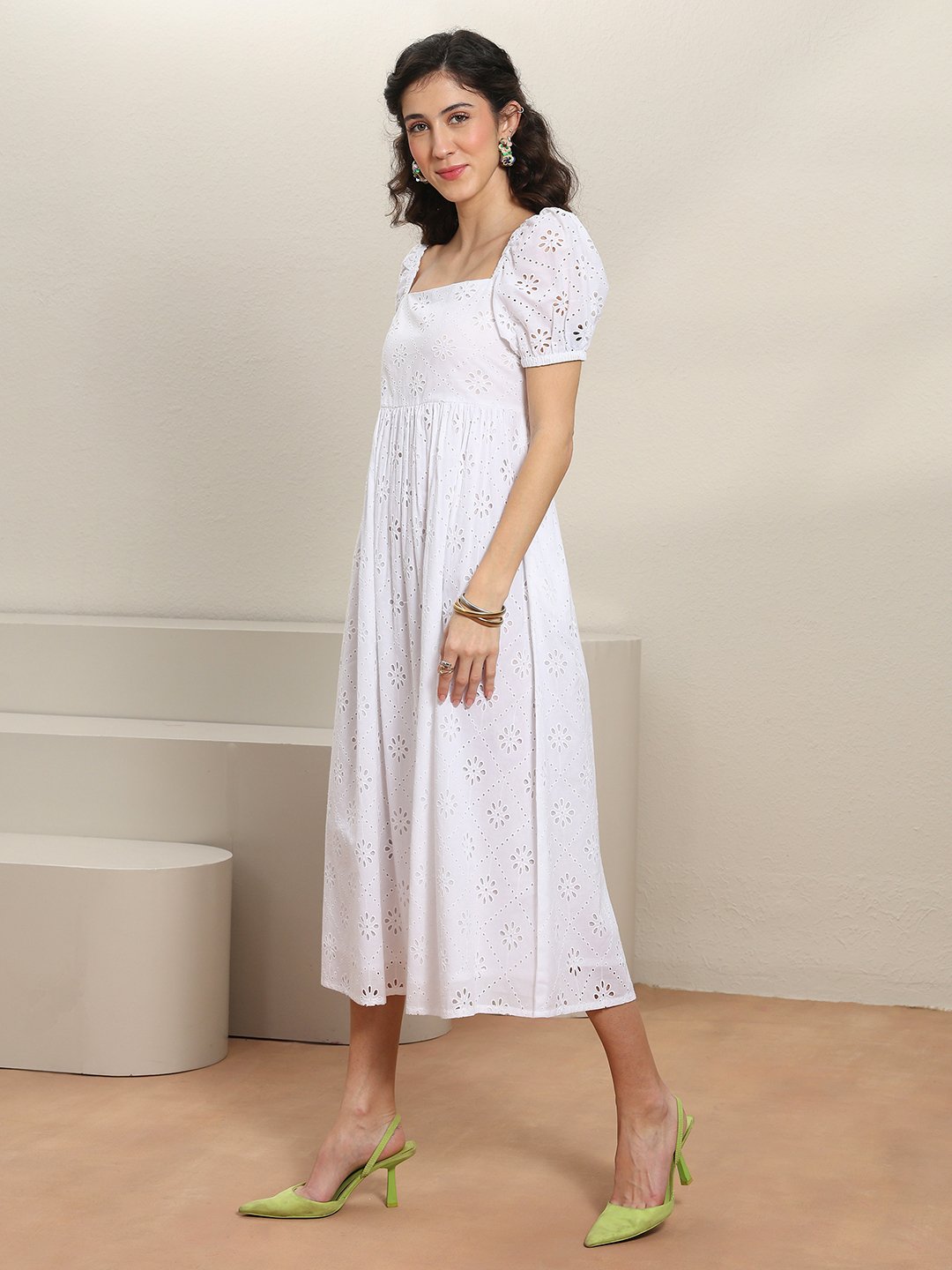 White Embroidered Cotton Midi Dress