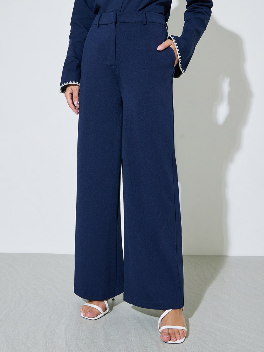 Navy Blue Scuba Wide Leg Trousers