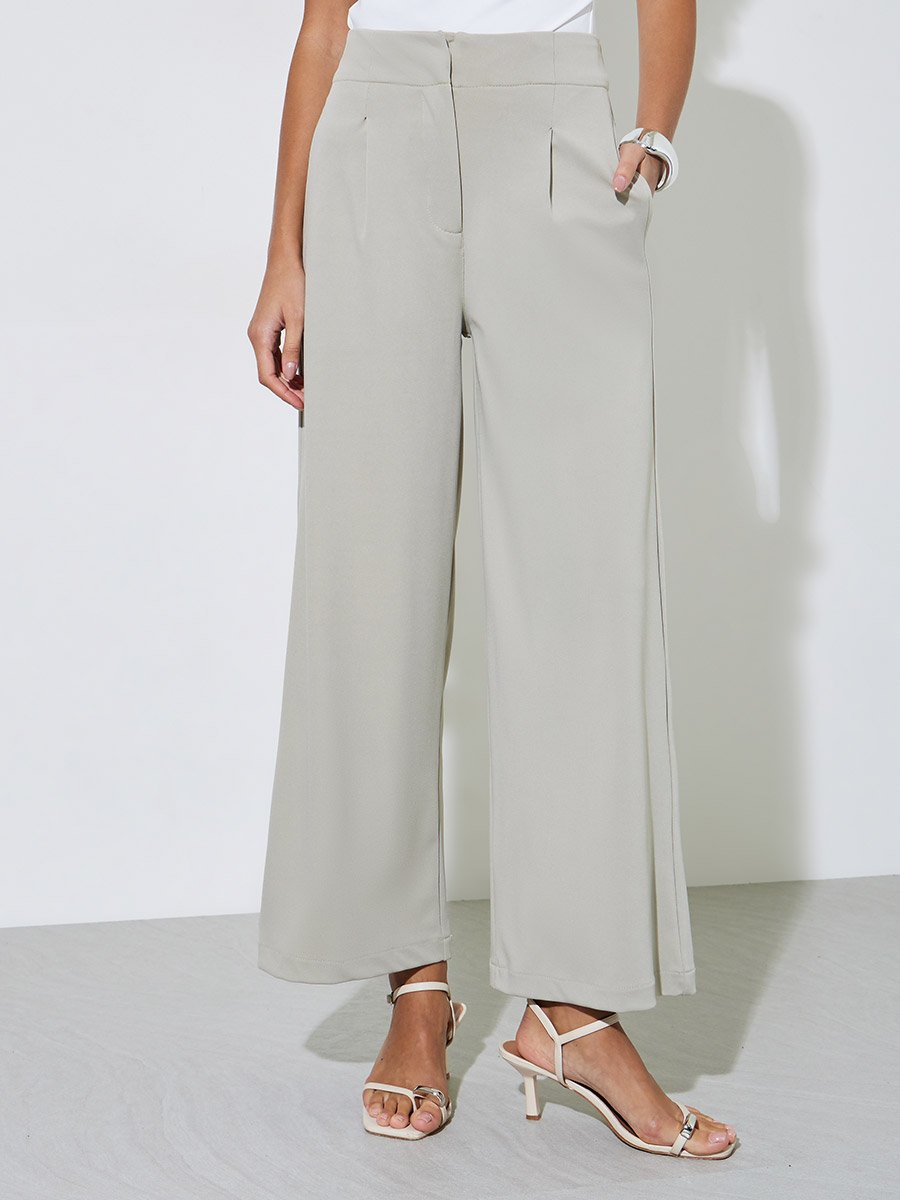Beige Wide Leg Ankle Length Pants with Pleats
