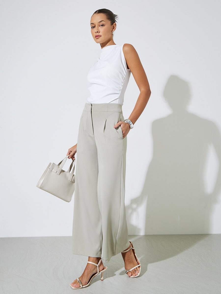 Beige Wide Leg Ankle Length Pants with Pleats