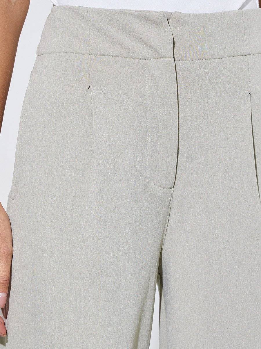 Beige Wide Leg Ankle Length Pants with Pleats