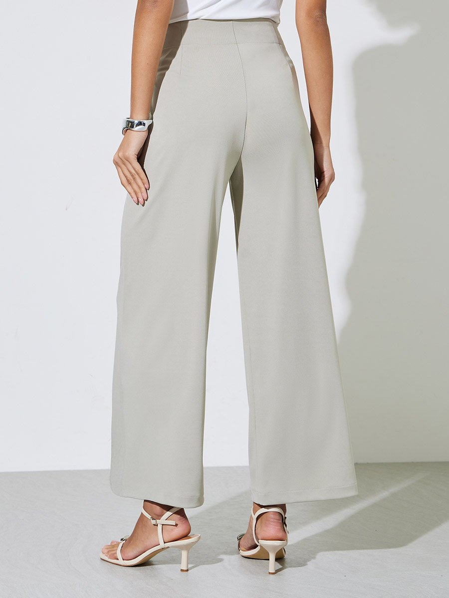 Beige Wide Leg Ankle Length Pants with Pleats