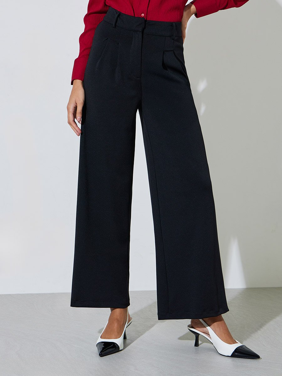 Black Wide Leg Full Length Pleat Trousers