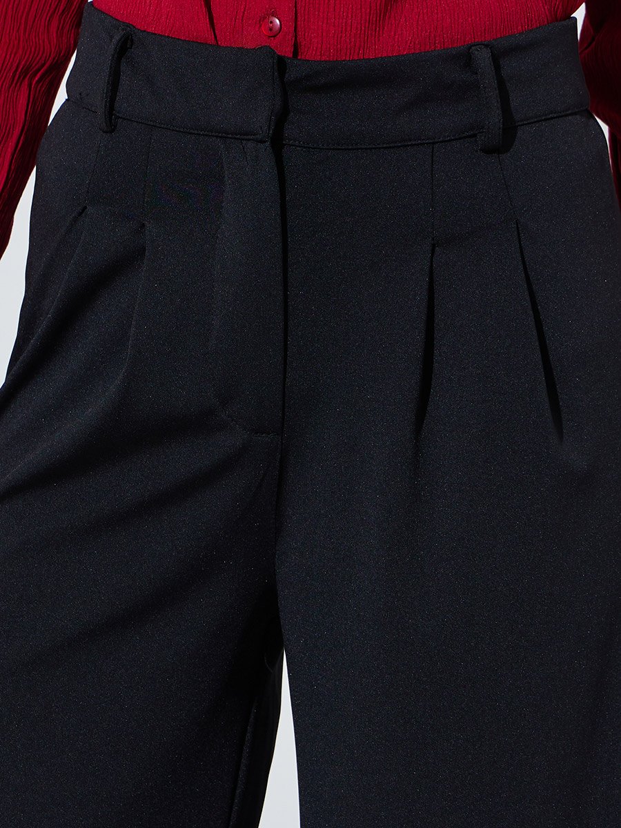 Black Wide Leg Full Length Pleat Trousers