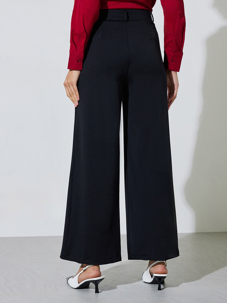 Black Wide Leg Full Length Pleat Trousers