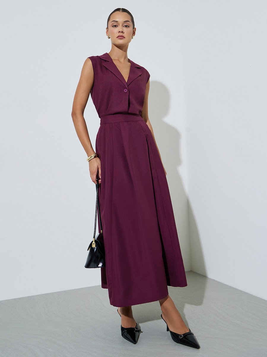 Burgundy Knife Pleated A-Line Maxi Skirt