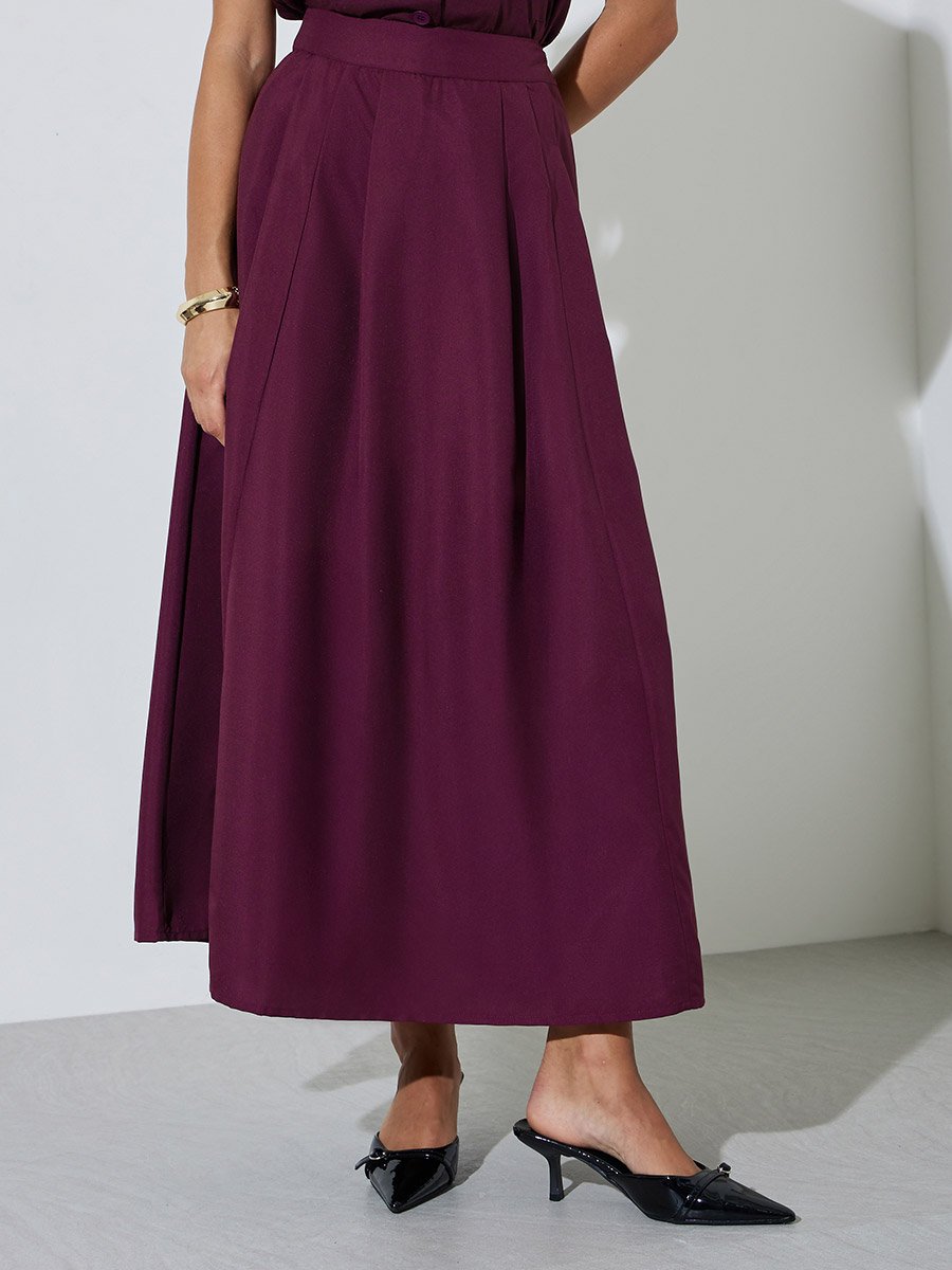 Burgundy Knife Pleated A-Line Maxi Skirt